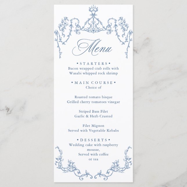 Menú Victorian Ornate Grace Floral Dusty Blue Wedding (Anverso)