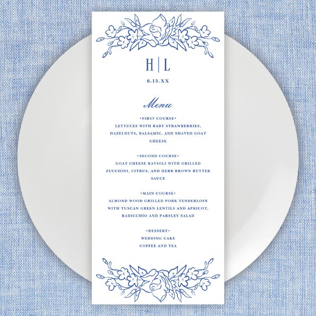 Menú Vintage Blue Floral Frame Elegant Wedding (Subido por el creador)