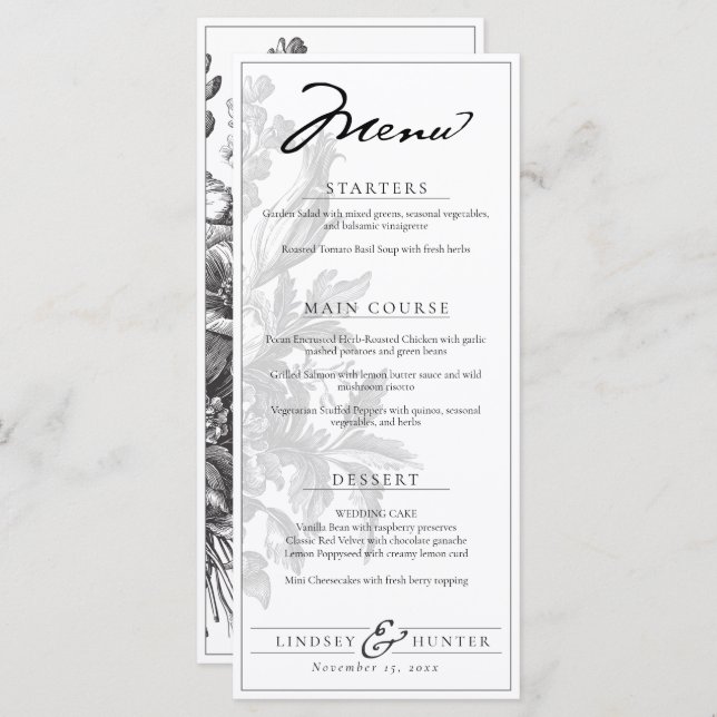 Menú Vintage Floral Black & White Romantic Wedding (Anverso / Reverso)
