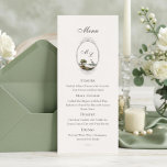 Menú Vintage French Country Monogram Wedding<br><div class="desc">A vintage French country wedding menu featuring a romantic landscape illustration within an elegant oval monogram frame. The timeless design and classic typography create a refined and sophisticated look,  perfect for French country,  garden,  estate,  and vintage-style wedding receptions. Easily personalize the monogram and menu details for your celebration.</div>