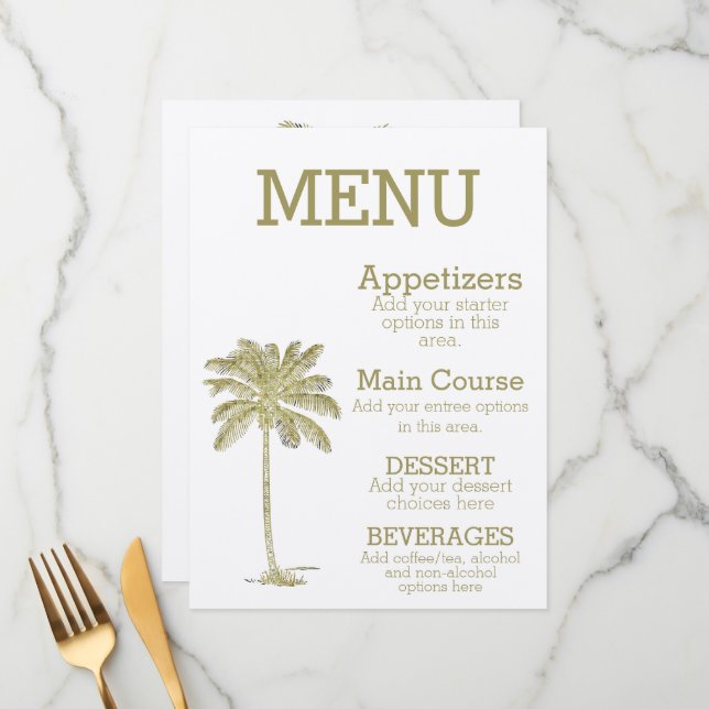 Menú Vintage Look Coconut Palm Tree Beach Wedding (Anverso/Reverso In Situ)
