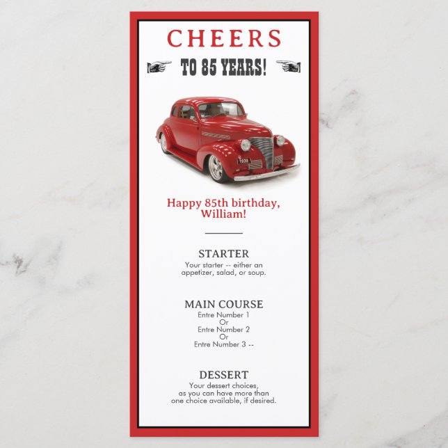 Menú Vintage Red 1939 Coupe 85th Birthday Party (Anverso)