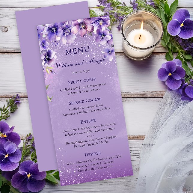 Menú Violetas Moradas Elegantes para Bodas y Aniversari (Elegant lavender floral wedding | anniversary menu --soft watercolor blooms | romantic purple tones)