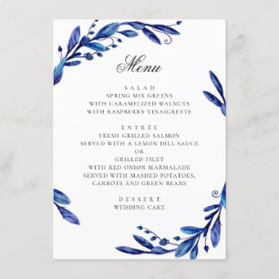 Menú Watercolor azul marina floral follaje boda de invi
