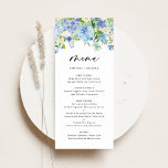 Menú Watercolor Blue Hydrangeas Winter Floral Boda<br><div class="desc">Añada un elegante acento floral a su tablescape de eventos con esta tarjeta de menú floral de personalizable. Cuenta con una garganta acuarela floral de hortensias azules y violetas, rosas de marfil y vegetación. Personalice esta tarjeta de menú floral acuarela añadiendo sus propios detalles. Esta tarjeta de menú hidrangea es...</div>