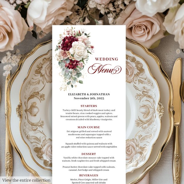 Menú Watercolor Boho Borgoña Boda blanco (Watercolor Boho Burgundy White Wedding Menu)