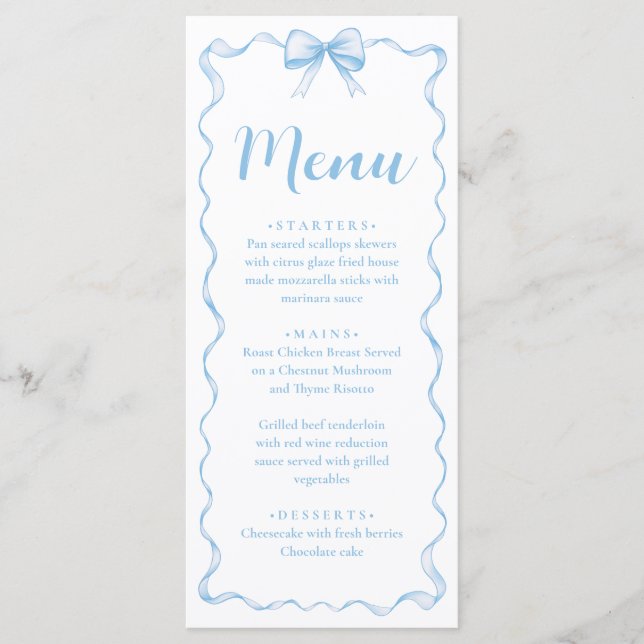 Menú Watercolor Boy Ribbon Dusty Blue Bow Baby Shower (Anverso)