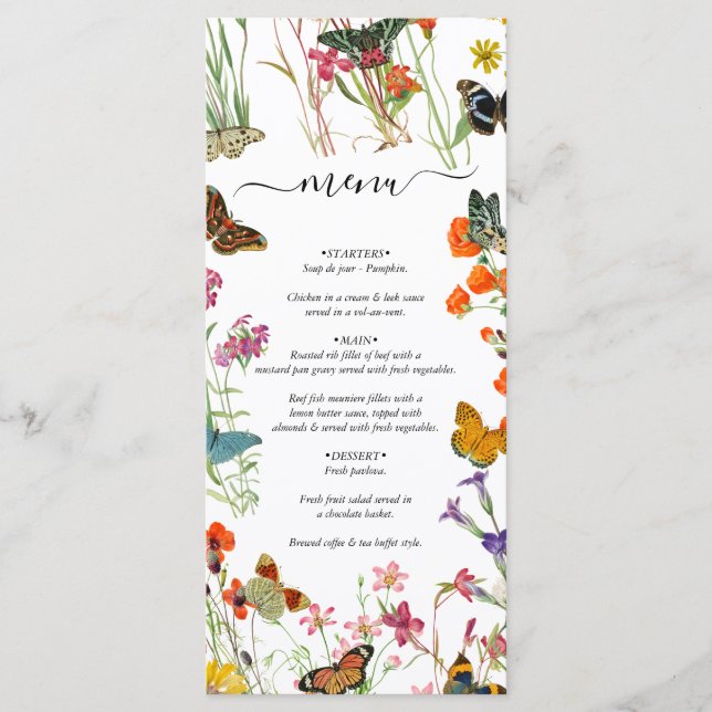 Menú Watercolor Flores silvestres mariposas Boda floral (Anverso)