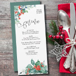 Menú Watercolor Holly Berries y Pine Winter Wedding<br><div class="desc">Menú de bodas de invierno con diseño acuarela y caligrafía elegante. Este diseño cuenta con bayas de invierno, humedales, pinos y vegetación perenne. Una hermosa elección para una boda de invierno o un boda de navidades. Por favor, navegue por mi colección de bayas de invierno para ver si hay elementos...</div>