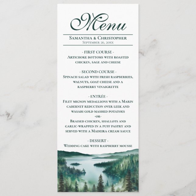 Menú Watercolor Lake Tahoe Elegant Rustic Wedding (Anverso)