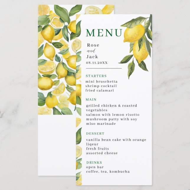 Menú Watercolor Lemon Garden Wedding (Anverso / Reverso)