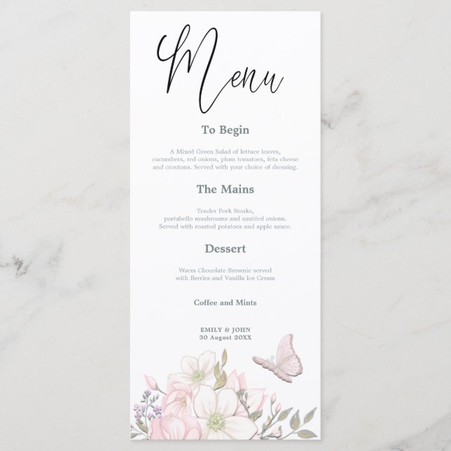 Menú Watercolor Magnolias Butterfly Script boda (Anverso)