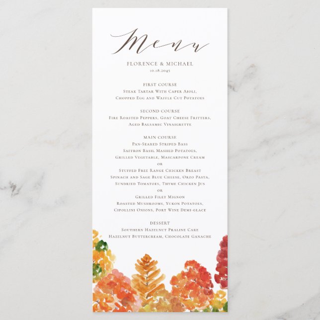 Menú Watercolor Otumn Woodlands Fall Wedding (Anverso)