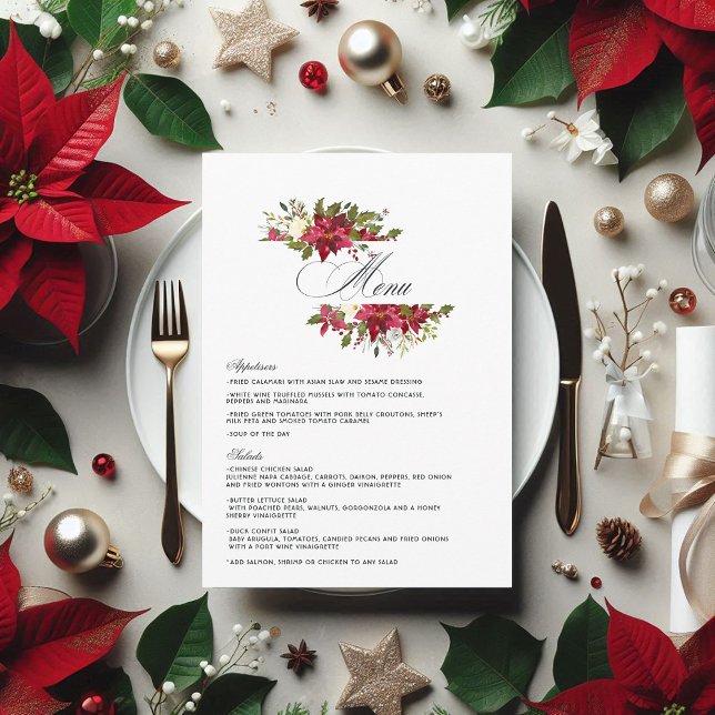 Menú Watercolor Poinsettia y Holly Navidades Boda (Watercolor Poinsettia and Holly Christmas Wedding Menu)