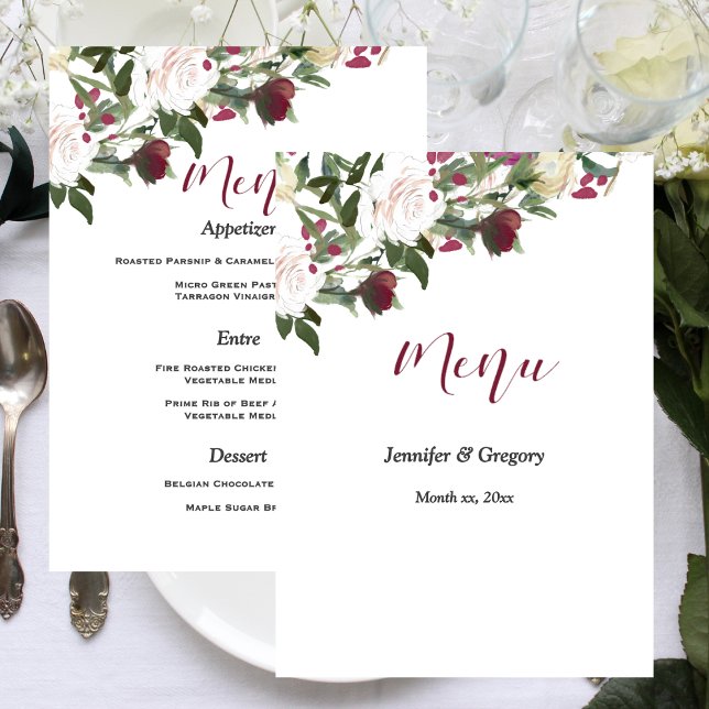 Menú Watercolor White Roses with Cranberry Wedding (Watercolor White Roses with Cranberry Wedding Menu)