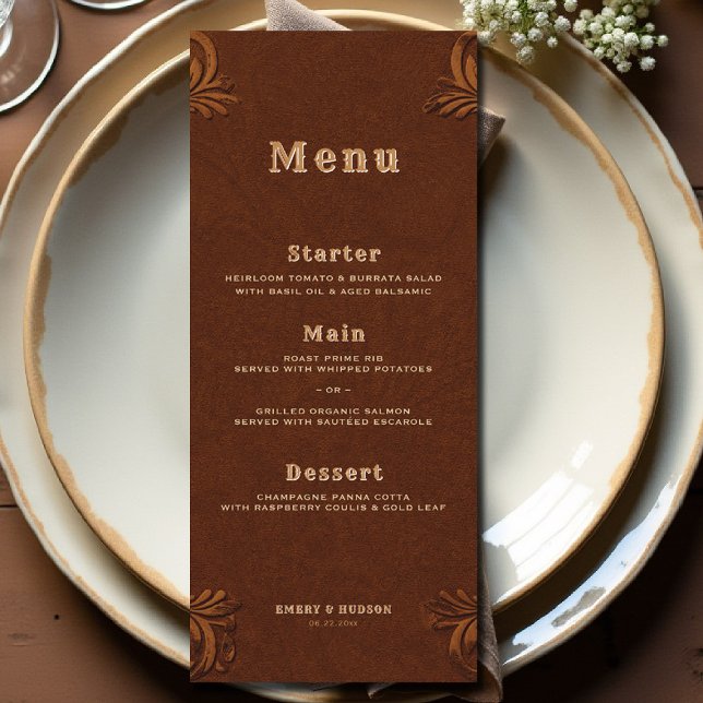 Menú Western Tooled Terracotta Rustic Cowboy Wedding (country rustic cowboy wedding menu faux tooled leather terracotta rust copper western barn)
