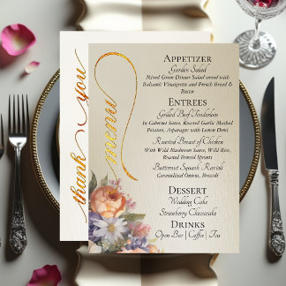 Menú Wheat - Monogram, Wildflowers & Thank You 