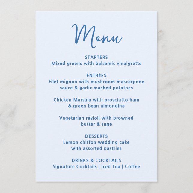Menú Whimsical Blue Heart Wedding (Anverso)