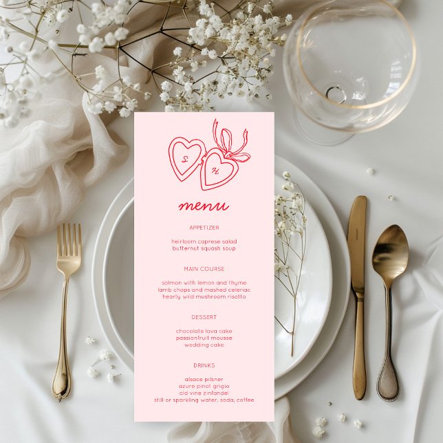 Menú Whimsical Heart Locket Doodle Sketch PERSONALIZADO (Whimsical Heart Locket Doodle Sketch Modern CUSTOM Menu Wedding Engagement Pink Red
)
