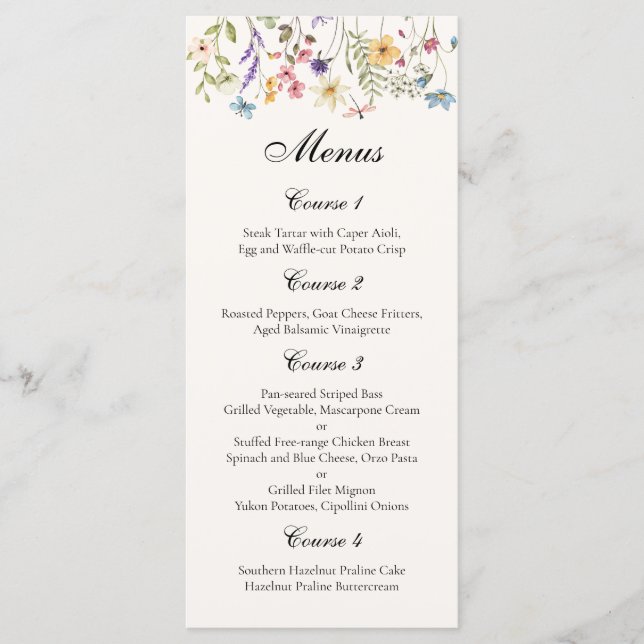 Menú Whimsical Wildflowers Meadow Wedding (Anverso)