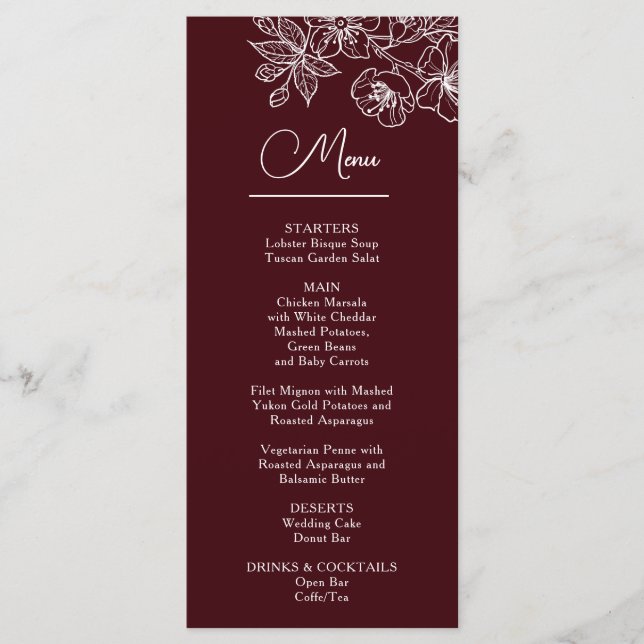 Menú White Line Art Flowers Deep Burgundy Wedding (Anverso)