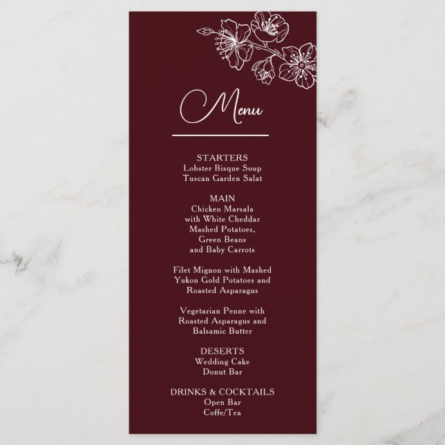 Menú White Line Art Flowers Deep Burgundy Wedding (Anverso)