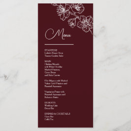 Menú White Line Art Flowers Deep Burgundy Wedding