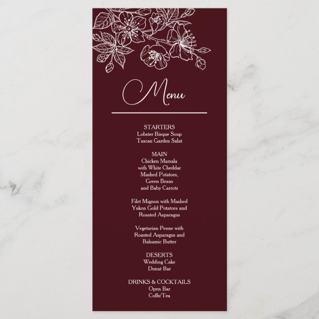 Menú White Line Art Flowers Deep Burgundy Wedding (Anverso)
