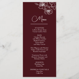 Menú White Line Art Flowers Deep Burgundy Wedding