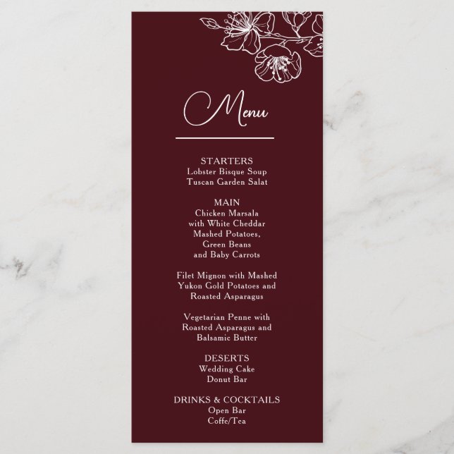 Menú White Line Art Flowers Deep Burgundy Wedding (Anverso)
