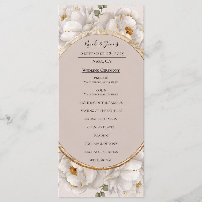 Menú White Peony & Blush Rose Floral Wedding Program (Anverso)