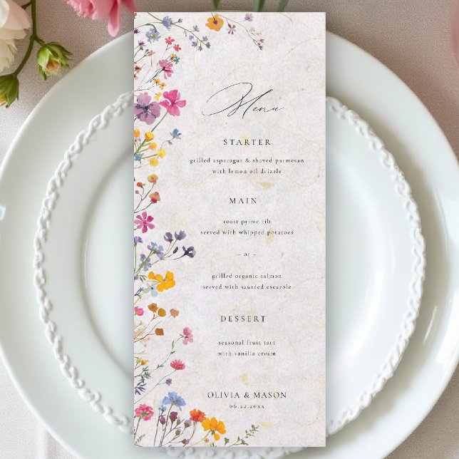 Menú Wildflower Garden Modern Floral Blush Pink Wedding (wildflower wedding menu watercolor garden backyard barn summer spring elegant blush pink)