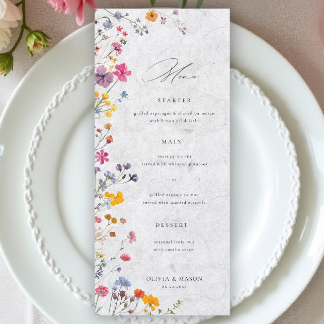 Menú Wildflower Garden Modern Floral Ivory Chic Wedding (wildflower wedding menu watercolor garden backyard barn summer spring elegant ivory white)