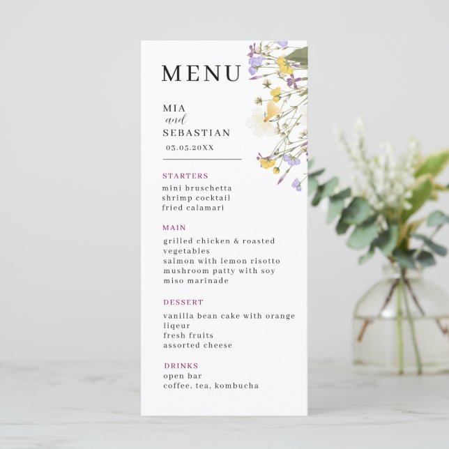 Menú Wildflower Lilac Boda (Anverso de pie)