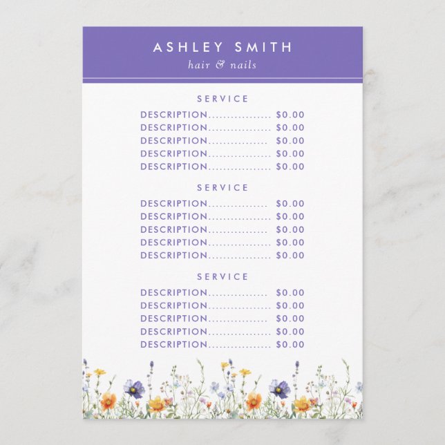 Menú Wildflower Price (Anverso)