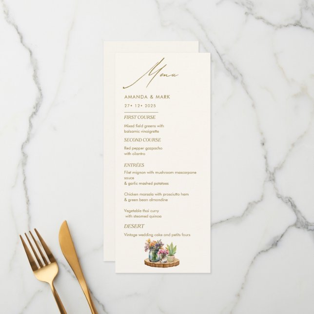 Menú Wildflowers Mason Jar Boho Boda bohemia (Anverso/Reverso In Situ)