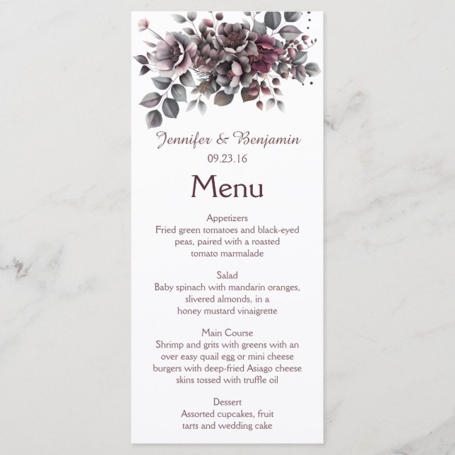 Menú Wine, Dusty Purple, Dark Teal Wedding | (Anverso)