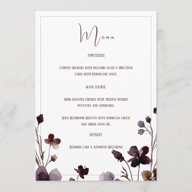 Menú Wine Red Plum Mauve Fall Floral Wedding (Anverso)