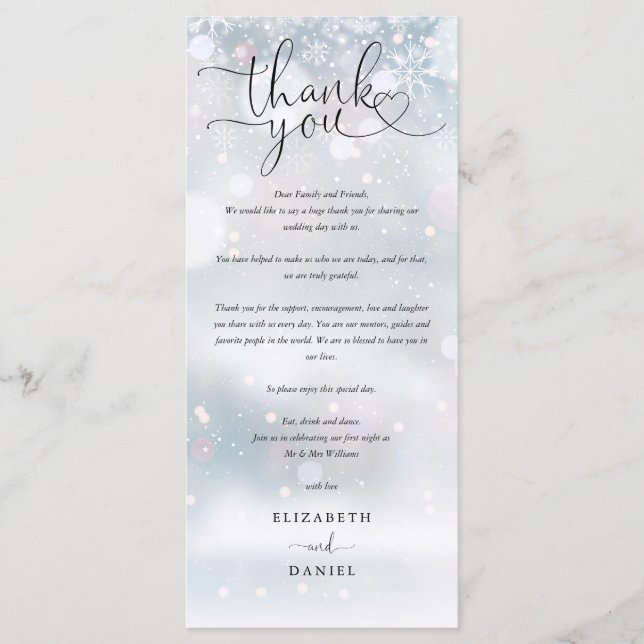 Menú Winter Wedding Heart Script Gracias por Colocar Ta (Anverso)