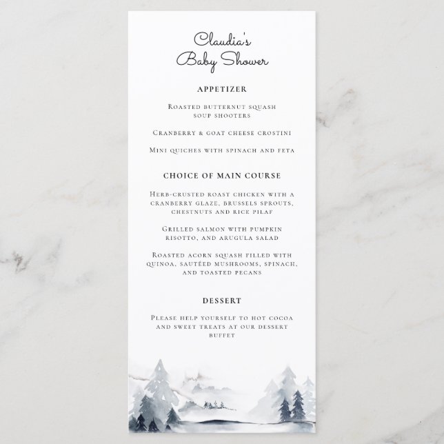 Menú Winter Woodland Modern Script Baby Shower (Anverso)