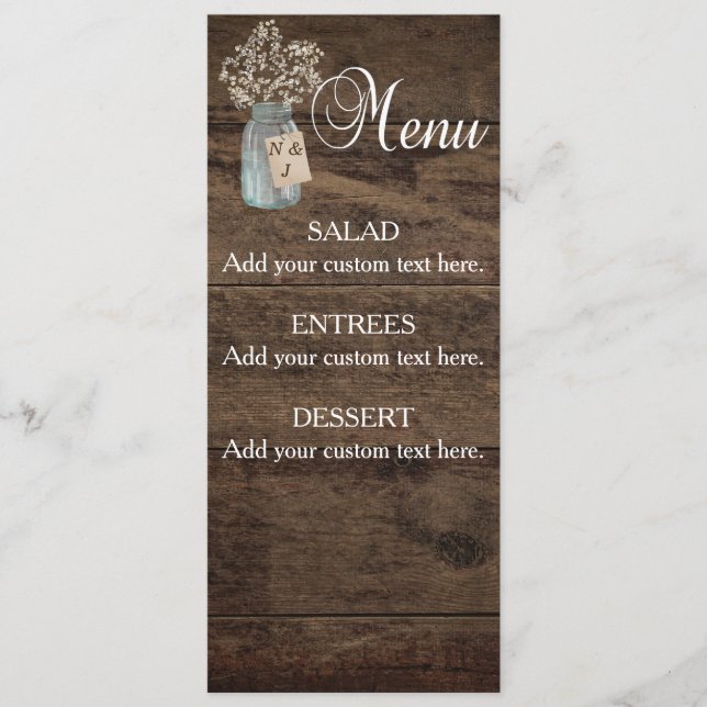 Menú Wood Mason Jar Babys Breath, un Boda rústico de gr (Anverso)