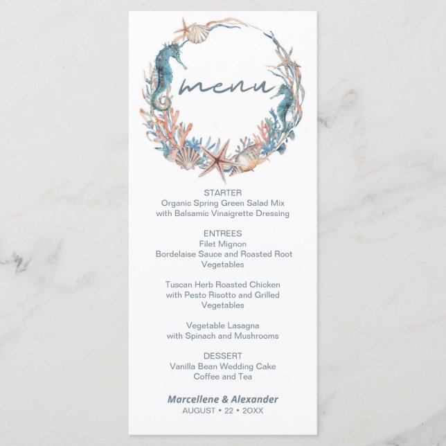 Menú Wreath del mar | Boda de acuarela de playa tropica (Anverso)