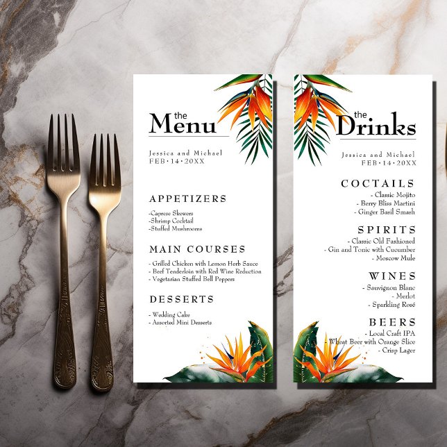 Menú y bebidas Aves de Paradise Bliss (Birds of Paradise Bliss Wedding Menu and Drink card. Explore the whole collection. )