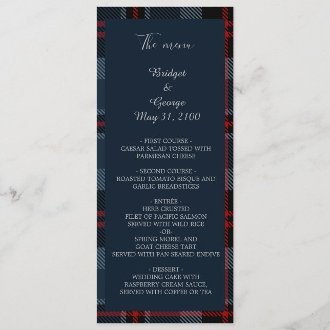 menú y programa de boda de país escocés azul (Anverso)