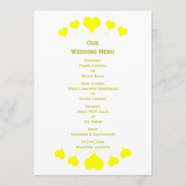 Menú Yellow Hearts Design Wedding (Anverso)