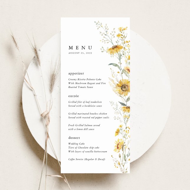Menú Yellow Wildflower Sunflower Wedding Reception (yellow wildflower sunflower wedding menu card watercolor floral menu elegant wedding menu)