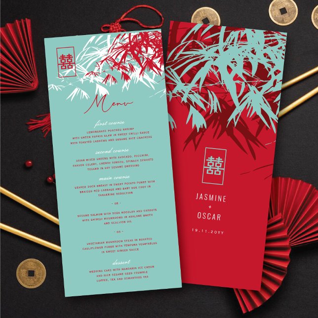 Menú Zen Bamboo rojo y turquesa deja Boda chino (Red & Turquoise Zen Bamboo Leaves Chinese Wedding Menu @ fatfatin_red_knot)