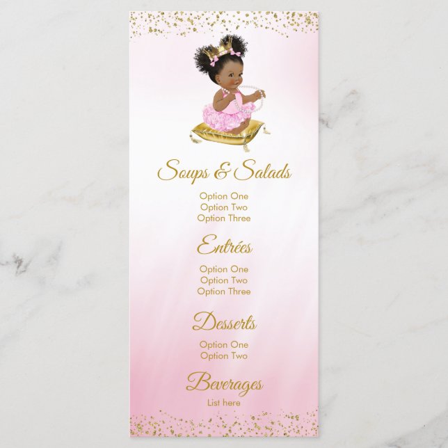 Menús Baby Shower de la Princesa de Oro Rosa (Anverso)