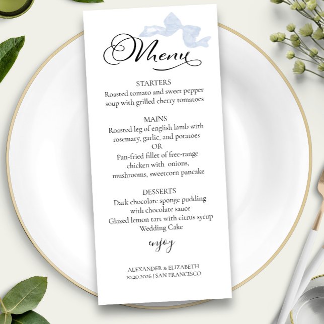 Menús Boda de acuarela | Calligrafía Blue Bow (Subido por el creador)