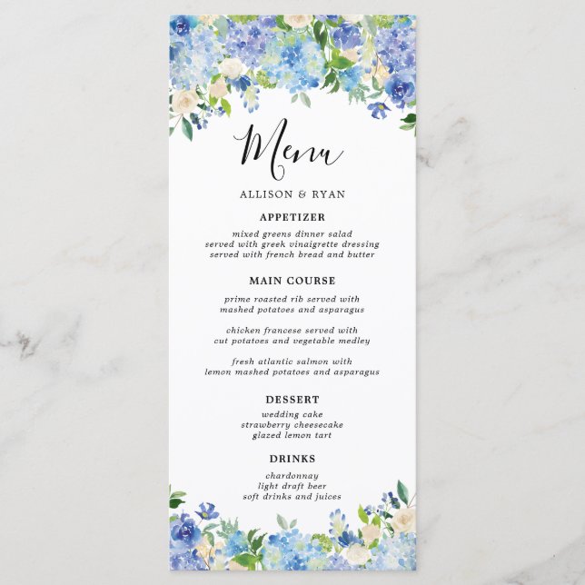 Menús Boda floral elegante de Hydrangea azul (Anverso)